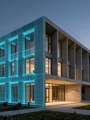 Ultra-wide architectural render of a modern concrete building structure, showing a split-screen transition from a glowing cyan BIM wireframe on the left to a photorealistic twilight exterior on the right, high-contrast lighting.