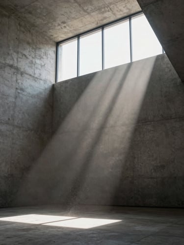 Portrait architectural render of a concrete interior, dramatic sunlight shafts cutting through high-altitude windows, realistic concrete dust particles visible in the light beam.