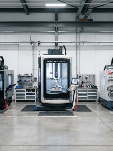 Straight-on flat-perspective architectural elevation of a pristine, high-tech CNC milling workshop, bright even studio lighting, cool industrial tones, sharp focus.