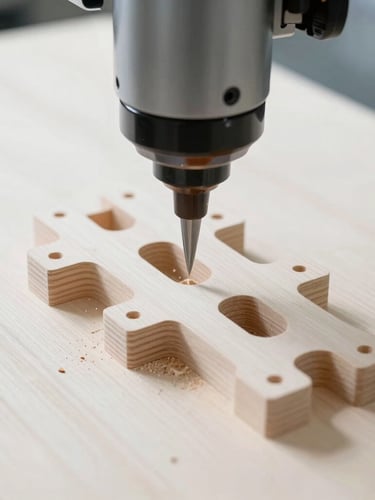 Close-up of a high-speed CNC milling head carving intricate interlocking joints into a sheet of pale birch plywood, sharp focus, cool workshop light, flying wood particles.