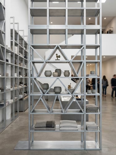 Portrait architectural photography of a modern retail interior featuring interlocking modular shelving, bright even studio lighting, cool aluminum tones, sharp focus, 35mm lens.