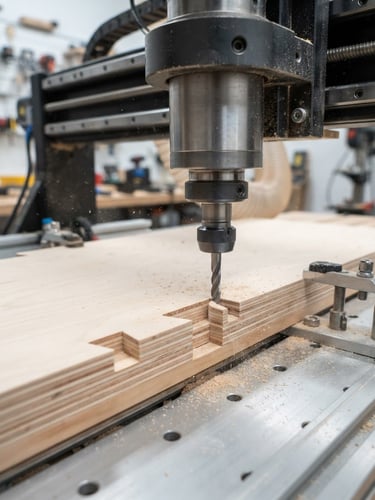 Crisp architectural detail of a high-precision CNC milling head cutting clean interlocking joints in birch plywood, bright even workshop lighting, sharp focus, 35mm lens