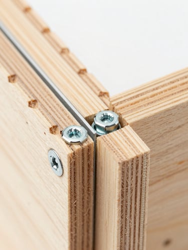 Macro detail shot of a pre-indexed interlocking plywood joint sliding together perfectly, clean edges, raw aluminum fasteners visible, bright even studio lighting.