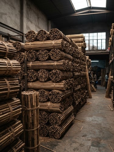 Neatly bundled raw bamboo sticks stacked in structured rows inside the Jaipur warehouse, bright natural daylight, rich charcoal tones