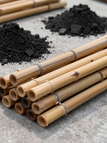 Bright daylight close-up shot of bundled natural China bamboo sticks and raw charcoal powder piles on a clean industrial concrete floor.