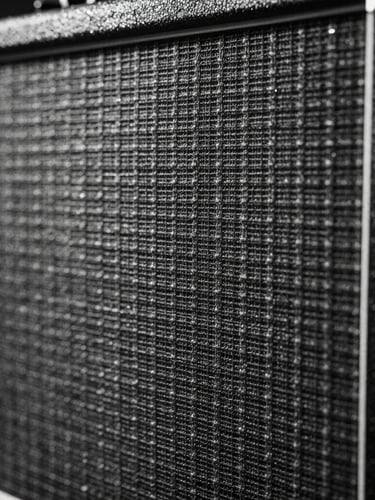 Gritty monochrome close-up of a guitar amplifier grille, metallic texture, high contrast, heavy shadows, sharp 35mm film grain