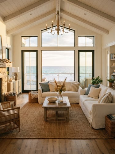 A sun-drenched coastal living room with high ceilings, white linen sofas, warm oak floors, and large windows opening to a view of the Gulf of Mexico, bright golden-hour sunlight, 35mm lens.