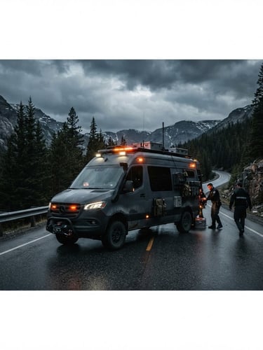 Wide panoramic shot of a specialized emergency response vehicle, dark grey, parked on an asphalt road at dusk, emergency lights subtly flashing, high-contrast, dramatic overcast daylight, 35mm lens