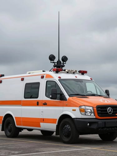 Wide environmental shot of a specialized emergency response vehicle with its communications array deployed, dramatic overcast daylight, muted tactical tones with sharp orange accents, 35mm lens