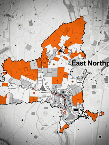 High-contrast map highlighting the regional service area around East Northport, NY, with a tactical overlay, muted tones, 35mm lens