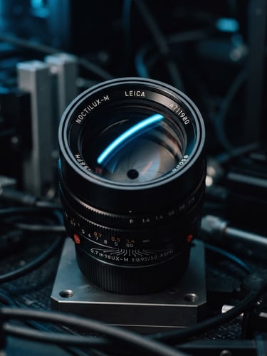 High-contrast studio photography of a high-end camera lens reflecting electric blue neon light, sharp focus, dark technical background, 35mm