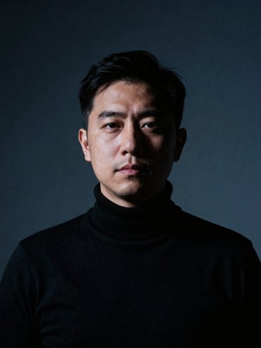 High-contrast studio portrait of a creative director in a black turtleneck, deep shadows, dramatic rim lighting, cool-toned ambient light, 35mm