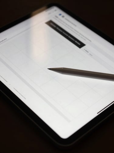 Close-up of a tablet screen showing a website wireframe grid in progress, a stylus resting diagonally across the lower corner, lateral diffuse window light reflecting softly on the screen surface, dark background behind the tablet