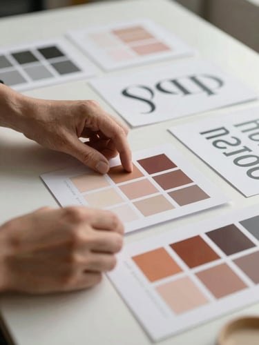 Close-up of a designer's hands arranging printed brand color swatches and typographic proofs on a clean studio desk, lateral diffuse natural light casting soft shadows across the paper surfaces, terracotta and warm grey tones visible in the printed materials, intentional and unhurried composition