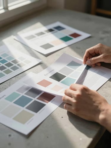 Close-up of hands arranging printed brand identity sheets on a raw concrete work surface, lateral diffused window light casting soft shadows, colour swatches and type specimens partially overlapping, process mid-arrangement
