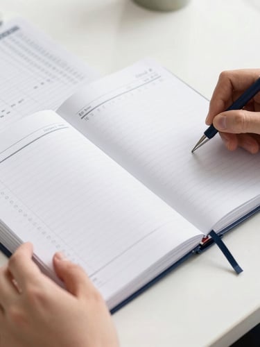 Close-up shot of hands organizing a physical planner and budget sheet on a clean white desk, bright natural daylight, sharp focus, 35mm