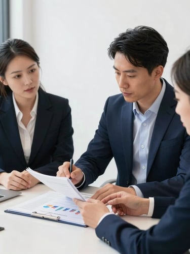 Professional editorial photography of a structured coaching session in a bright, modern Bay Area office. A coach and a client are reviewing a financial planning workbook on a clean desk, natural morning light, sharp focus, 35mm.