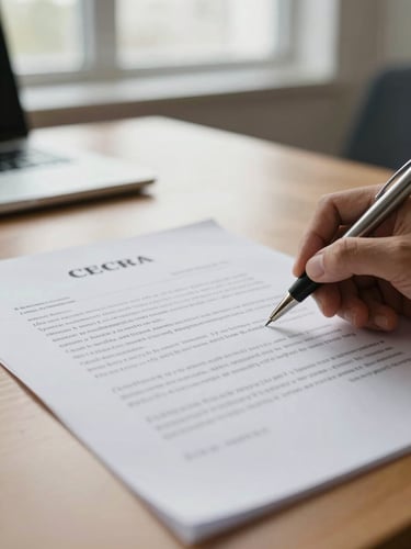 Close-up of a pen signing a business contract on a tidy office desk, north-facing window light, shallow focus, clean warm paper tones