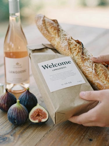 Close-up of a hand-delivered welcome package on a rustic wooden table, featuring fresh figs, local goat cheese, a bottle of crisp Languedoc rosé, and crusty baguette, warm side lighting