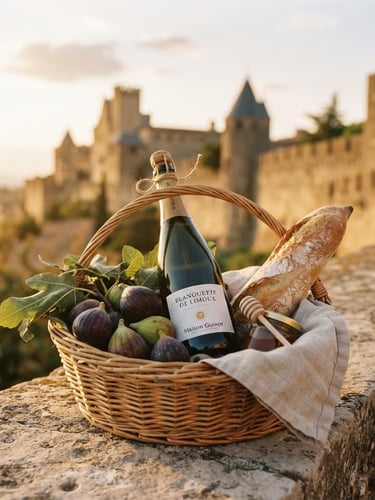 Close-up of a hand-delivered welcome basket on a sun-bleached stone terrace in Carcassonne, featuring a bottle of local sparkling wine, fresh figs, and a crusty baguette, warm golden-hour light, shallow depth of field
