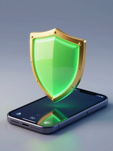 Sleek 3D render of a glowing neon green shield with gold accents, floating over a dark indigo smartphone mockup, high-tech gaming UI, isometric view, studio lighting
