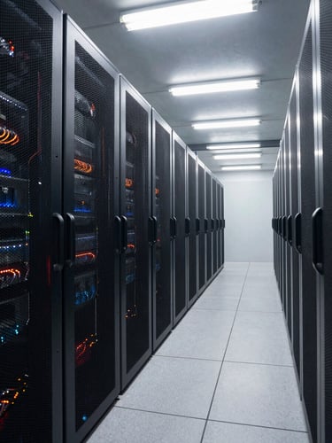 Wide environmental shot of a data center corridor, rows of illuminated server racks receding into depth, even overhead fluorescent lighting, steel-gray tones, clean cable management visible, no people