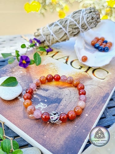 Healing Crystal Bracelet with Red Agate, Red Jasper, Orange Aventurine, Sunstone, Strawberry Quartz