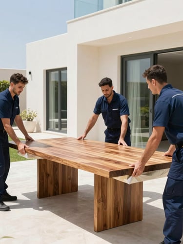 Medium action shot of professional movers in clean navy blue uniforms carefully wrapping a large wooden dining table in a bright Dubai villa, natural Dubai sunlight, sharp focus, 35mm lens.
