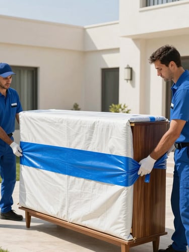 Movers in clean blue uniforms carefully wrapping a wooden cabinet with heavy-duty protective blankets and blue stretch film in a bright Dubai villa, sharp focus, 35mm lens