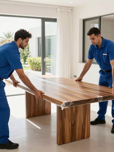 Movers in crisp blue uniforms carefully securing a solid wood dining table with protective wrap inside a bright Dubai villa, 35mm lens, natural light.