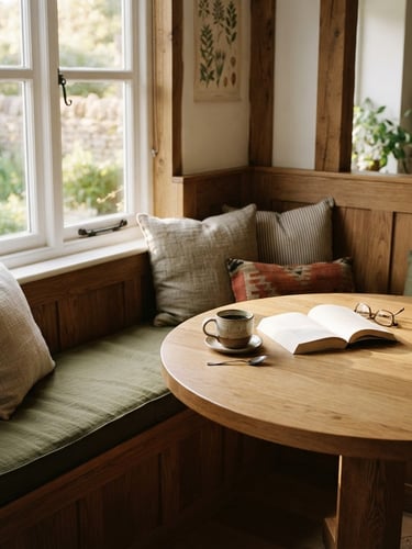 Warm editorial photography, natural afternoon window light, rich timber tones, soft shadows, medium-wide environmental shot of a corner breakfast nook with olive green cushions, styled with coffee cups and a book, bleeding to the right edge of the frame.