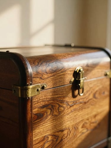 Close-up of an antique hand-carved wooden chest with rich grain and brass fittings, bathed in warm golden-hour window light, soft shadows, shallow depth of field, 35mm photography