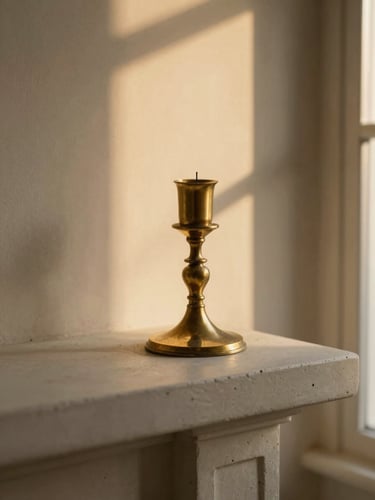 A close-up of a tarnished brass candlestick on a minimalist concrete mantle, soft golden-hour light, shallow depth of field