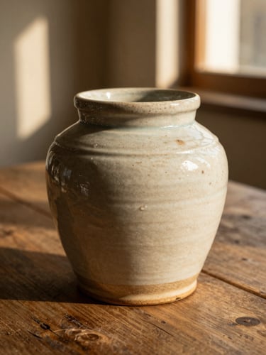 Detailed macro shot of a weathered ceramic jar with visible maker's marks, resting on a rustic oak table, warm side lighting