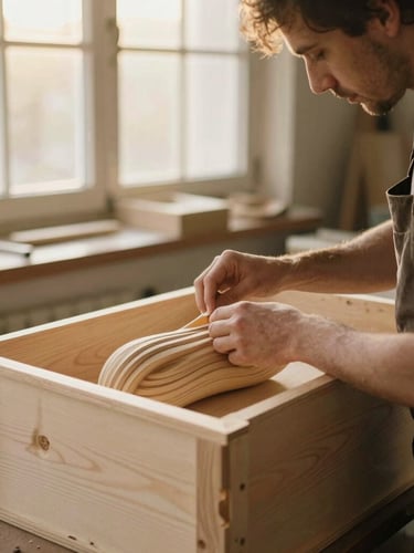 A craftsman carefully wrapping a hand-carved wooden artifact inside a custom wooden shipping crate, soft workshop lighting, 35mm