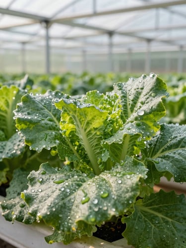 Close-up of vibrant green vegetable leaves wet with morning dew in a modern high-tech greenhouse, natural morning sunlight, sharp focus on leaf texture