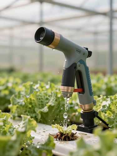 Close-up of a high-tech drip irrigation nozzle watering green lettuce roots in a modern greenhouse, soft morning sunlight, sharp focus on water droplets