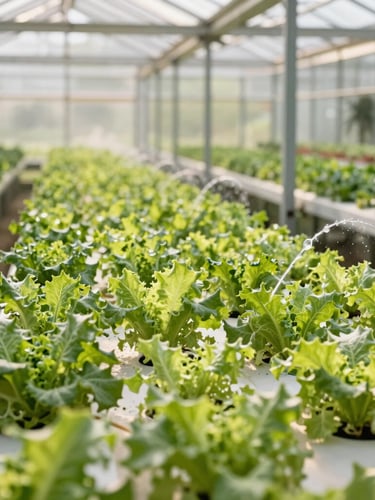 Góc rộng nhà kính hiện đại tại Tiên Lữ ngập tràn ánh nắng ban mai, những luống rau thủy canh xanh mướt trải dài thẳng tắp, hệ thống tưới tự động mờ ảo phía sau.
