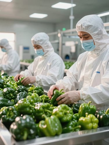 Crisp portrait shot of a modern clean agricultural packaging facility, staff in white protective gear sorting vibrant green peppers under bright morning light, stainless steel surfaces.