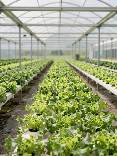 Wide-angle crisp shot of a modern agricultural greenhouse in morning light, rows of pristine hydroponic leafy greens extending into the distance, clean concrete paths, high-tech ventilation visible.