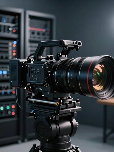 Cinematic editorial photography of a high-end creative studio, anamorphic lens flare, cool tech tones, deep shadows, professional camera rig in foreground, blurred server racks in background.