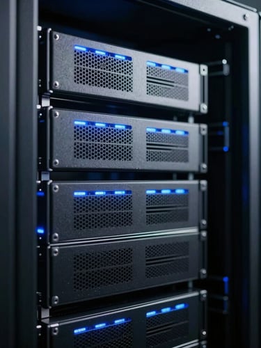 Tight macro shot of clean enterprise server racks with cool blue led highlights, deep shadows, cinematic editorial photography, 35mm anamorphic lens