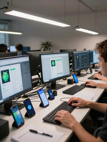 Panoramic documentary shot of a developer workstation mid-build — multiple Android devices on a desk, screens displaying UI states, hands at a keyboard, flat fluorescent work light, cables and notes visible, no people's faces