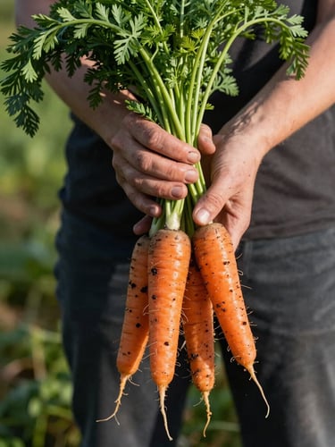 Tactile portrait shot of soil-covered hands holding freshly harvested heirloom carrots with vibrant green tops, soft morning Scandinavian daylight, high-contrast shadows.