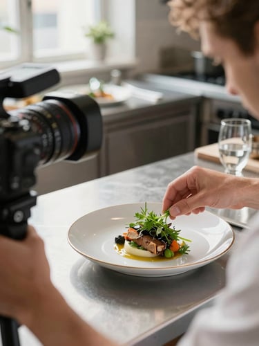 Over-the-shoulder shot of a camera setup in a bright Scandinavian-style restaurant kitchen, focusing on a chef plating fresh herbs on a dish, natural morning light.