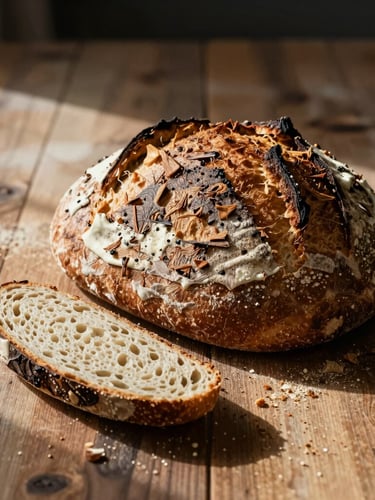 Tactile portrait shot of fresh sourdough bread being sliced on a rustic wooden table, soft Scandinavian daylight, crumbs scattered, high-contrast shadows.