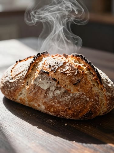 Tight macro shot of steam rising from a freshly sliced sourdough loaf on a dark wooden prep table, natural Scandinavian daylight, high-contrast shadows