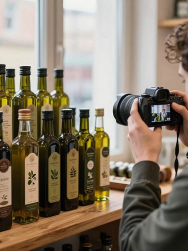 Overshoulder shot of a content creator photographing a stack of artisanal olive oil bottles on a wooden shelf, soft morning light filtering through a window, Scandinavian market interior.