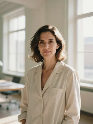 A high-end editorial portrait of Dr. Billina in a soft-focus architectural office space, warm daylight filtering through large windows, muted sage and cream tones, 35mm photography
