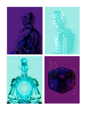 a robot with a cube in the middle of four different images